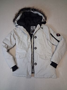 Men's Light Gray Ski Jacket with Faux Fur Trimmed Hood